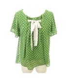 リボン ドット 半袖 シャツ ブラウス クルーネック 薄手 Mサイズ 緑 グリーン ■TC