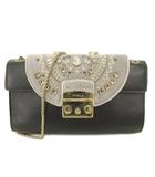 フルラ FURLA ビジュー フラップ 2WAY クラッチバッグ ショルダーバッグ レザー×ベロア 黒 グレー ■GY47