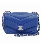 シャネル CHANEL シェブロン Vステッチチェーンショルダーバッグ ミニ キャビアスキン 24番台 青 ブルー シルバー金具 ☆AA★