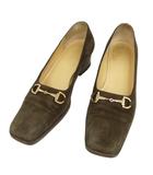 グッチ GUCCI ホースビット スウェード パンプス スクエアトゥ チャンキー 37.5 ダークブラウン