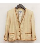 シャネル CHANEL ヴィンテージ シルク ノーカラー ジャケット ココマーク 金ボタン 40 ベージュ系