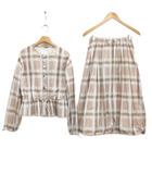 チェック タフタバルーン スカート セットアップ ノーカラー ジャケット 美品 0 ベージュ系