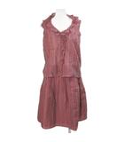 TISSUE セットアップ チェック ノースリーブブラウス フレアスカート ひざ丈 フリル シルク混 ワッシャー加工 36 M相当 38 L相当 赤系 /X