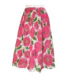 花がらスカート フレア ひざ丈 リネン混 L ピンク系 /X