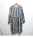 イチ ichi 美品 ストライプ柄 長袖 リヨセル ワンピース アイボリー×ネイビー 日本製