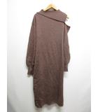 レイヤード風 肩開き ニット ワンピース F 茶 ブラウン 腰ひも付き サイドスリット 長袖