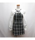 グレイル GRL リボンタイ付き ボレロ ドッキング チェック柄 ミニ ワンピース L 白×黒 tu454 裏地付き