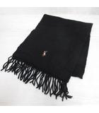 ポロ ラルフローレン POLO RALPH LAUREN ウール100% フリンジ マフラー 黒 ブラック ポニー刺繍 ☆AA★