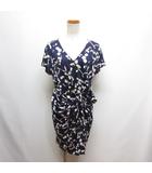 美品 総柄 半袖 シルク ワンピース ドレス 2 ネイビー 紺