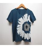 半袖 Tシャツ カットソー 花 フラワー モチーフ L ブルー 麻リネン混