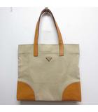 プラダ PRADA キャンバス レザー コンビ トート バッグ ワンショルダー ベージュ 黄 イエロー 三角プレートロゴ ☆AA★