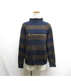 エルマノシェルビーノ ERMANNO SCERVINO ボーダー柄 ハイネック ニット プルオーバー 42 ネイビー×茶 ウール混 ラインストーン装飾 カシミヤ混 イタリア製