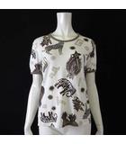  イタリア製 Tシャツ カットソー ラメ アニマル 花柄 リンガー トリム ストレッチ 半袖 L オフ白 マルチカラー