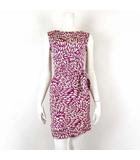 ダイアンフォンファステンバーグ DIANE von FURSTENBERG ワンピース タイト ノースリーブ 絹 シルク ギャザー 総柄 ウエストリボン XS 0 赤紫色 レッドパープル 白 ホワイト 国内正規品