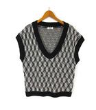 イング INGNI ジャガード ベスト ニット チェック Vネック コットン M 黒 ブラック オフ白