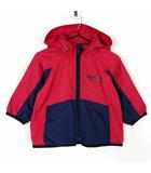 ベベ bebe ジャケット ウインドブレーカー ナイロン ロゴ 配色 収納フード ジップアップ 裏総柄 世界地図 80 赤 レッド 紺 ネイビー 男の子 KIDS