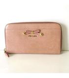 プラダ PRADA 財布 ラウンドファスナー 長財布 レザー リボン ロゴ ピンクベージュ ゴールド
