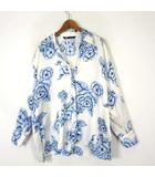 ザラ ZARA ブラウス シャツ 花柄 フラワー プリント ターンダウン スキッパー 落ち感 とろみ 長袖 M オフホワイト ブルー