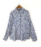 ザラ ZARA 23SS ブラウス シャツ レトロ リーフ柄 落ち感 とろみ 長袖 L 紺 ネイビー 白 ホワイト 美品