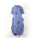 ケイコキシ KEIKO KISHI by nosh チュニック ワンピース コクーン 変形 コットン 半袖  ハイネック ストライプ ドット柄 F 青 ライトブルー 美品