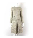 スカートスーツ 上下 セットアップ ツイード 羊毛 ウール モヘア ノーカラー ジャケット ボックスプリーツ スカート M 38 ベージュ イエロー こげ茶色 美品