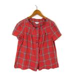 シャツ ブラウス チェック リネン コットン フリル 比翼ボタン 半袖 M 38 赤 レッド マルチカラー