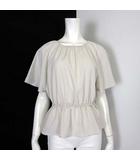 洗える ウエスト ギャザー ブラウス プルオーバー ペプラム 楊柳 落ち感 とろみ フレア袖 半袖 M ライトベージュ 美品