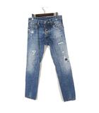 デニムパンツ ジーンズ テーパード ダメージ リペア ペイント加工 ボタンフライ XS-S 42 インディゴブルー イタリア製 国内正規品