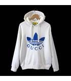 グッチ GUCCI アディダス adidas コラボ 2022SS パーカー トレフォイル エンブロイダリー フーディ プルオーバーパーカ 702607 XJEDA ビッグ ロゴ 刺繍 M 白 ホワイト 青 ブルー 国内正規品