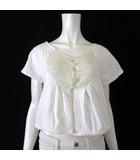 ブラウス カットソー クロシェ かぎ編み 切替 クロップド リネン コットン クリア ボタン装飾 半袖 M オフ白 アイボリー