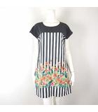 ワンピース チュニック ストライプ 切替 花柄 落ち感 とろみ ひざ丈 半袖 S グレー マルチカラー