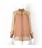 2022SS シャツ ブラウス 絹 シルク 100% シフォン シアー 679295 ZHS57 長袖 ロゴ タグ 刺繍 インナーキャミソール付 M 40 ベージュ ピンク 国内正規品 美品