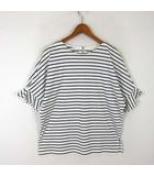 ひんやりタック ドルマン Tシャツ カットソー  ボーダー フリル 5分袖 半袖 L オフ白 黒 ブラック