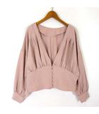前釦 ギャザー シャツ ブラウス 前後 2way Vネック タック クロップド ボリューム袖 長袖 M くすみピンク