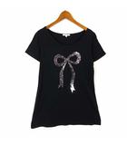 チュニック カットソー Tシャツ リボンモチーフ スパンコール装飾 ラウンドネック コットン 半袖 L 黒 ブラック くすみピンク