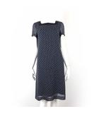 ワンピース 半袖 スクエアネック 水玉 ドット柄 総柄 M 9 紺 ネイビー 白