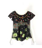 シェリーラファム Cherir la femme フランシュリッペ franche lippee ブラウス シャツ カットソー 半袖 フリル袖 チェリー 総柄 M 黒 ブラック ミントグリーン 赤