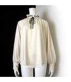 バイカラー リボン とろみ ブラウス フリルネック プルオーバー 長袖 M ライトベージュ 黒 ブラック 美品