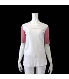 ピンクハウス PINK HOUSE Tシャツ カットソー 半袖 5分袖 ロゴ プリント リボン刺繍 ギンガムチェック袖 L 白 ホワイト 赤 レッド