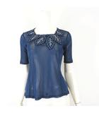 ヒロコビス HIROKO BIS シアー トップス カットソー リーフ 刺繍 フリル スクエアネック 半袖 M 9 ネイビーブルー