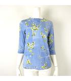 ドネモア Donnez-Moi カットソー トップス 花柄 デニム パッチワーク風 コットン 7分袖 M-L 青 ブルー マルチカラー