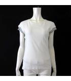 Tシャツ カットソー  配色 ラメ リブ フリル フレンチスリーブ 半袖 M 白 ホワイト グレー シルバー