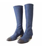 シャネル CHANEL 17S ブーツ デニム ロングブーツ ココマーク 本革 レザー キャップトゥ HIGH BOOTS バックジップ 35.5 ブルー グレー 22.5cm くつ 靴 シューズ