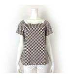 カットソー シャツ Tシャツ 半袖 スクエアネック ギンガムチェック ストレッチ L 白 ホワイト 茶色 ブラウン 紺 ネイビー タグ付 美品 近年モデル