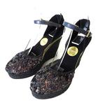 ラス ras スペイン製 サンダル エスパドリーユ ウエッジサンダル スパンコール装飾 アンクルベルト 35 黒 ブラック 紫 22.5cm くつ 靴 シューズ