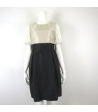 ボンメルスリー BON MERCERIE ワンピース バイカラー 異素材 切替 ひざ丈 ドット シフォン 半袖 M 38 ベージュ アイボリー ブラック