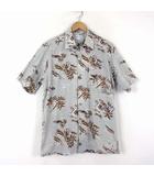 希少 90’S ヴィンテージ シャツ アロハシャツ 半袖 リネン コットン ハワイアン柄 ロゴ 刺繍 ポケット L ブルーグレー ブラウン 茶色 国内正規品