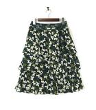 インゲボルグ INGEBORG スカート ティアードフリル フレアスカート リボン 総柄 ウエスト チュール M 9 グリーン 緑 白 ダークグリーン タグ付 美品
