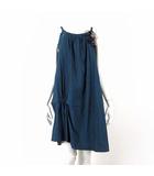 チュニック ワンピース キャミワンピ ノースリーブ お花 コサージュ 刺繍 サテン アシンメトリー F 青緑 ダークブルーグリーン シャイニー タグ付 美品