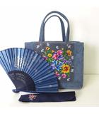 レイクアルスター Lake Alster バッグ トートバッグ シェニール織り 花柄 扇子付 ブルーグレー かばん 鞄 カバン 美品